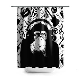 Штора 3D для ванной с принтом Шимпанзе в наушниках в Санкт-Петербурге, 100% полиэстер | плотность материала — 100 г/м2. Стандартный размер — 146 см х 180 см. По верхнему краю — пластиковые люверсы для креплений. В комплекте 10 пластиковых колец | джаз | музыка | обезьяна | рок | шимпанзе в наущниках