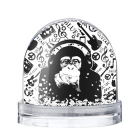 Снежный шар с принтом Шимпанзе в наушниках в Санкт-Петербурге, Пластик | Изображение внутри шара печатается на глянцевой фотобумаге с двух сторон | джаз | музыка | обезьяна | рок | шимпанзе в наущниках