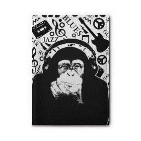 Обложка для автодокументов с принтом Шимпанзе в наушниках в Санкт-Петербурге, натуральная кожа |  размер 19,9*13 см; внутри 4 больших “конверта” для документов и один маленький отдел — туда идеально встанут права | джаз | музыка | обезьяна | рок | шимпанзе в наущниках