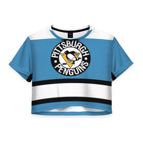Женская футболка 3D укороченная с принтом Pittsburgh Penguins blue в Санкт-Петербурге, 100% полиэстер | круглая горловина, длина футболки до линии талии, рукава с отворотами | hockey | nhl | pittsburgh penguins | нхл | хоккей