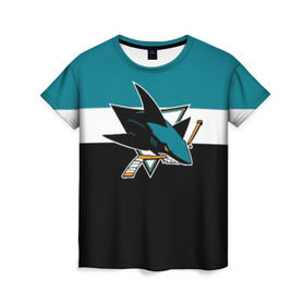 Женская футболка 3D с принтом San Jose Sharks в Санкт-Петербурге, 100% полиэфир ( синтетическое хлопкоподобное полотно) | прямой крой, круглый вырез горловины, длина до линии бедер | hockey | nhl | san jose sharks | нхл | спорт | хоккей