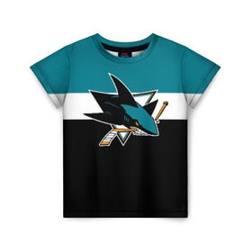 Детская футболка 3D с принтом San Jose Sharks в Санкт-Петербурге, 100% гипоаллергенный полиэфир | прямой крой, круглый вырез горловины, длина до линии бедер, чуть спущенное плечо, ткань немного тянется | Тематика изображения на принте: hockey | nhl | san jose sharks | нхл | спорт | хоккей