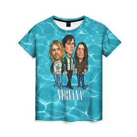 Женская футболка 3D с принтом Шаржи группа Nirvana в Санкт-Петербурге, 100% полиэфир ( синтетическое хлопкоподобное полотно) | прямой крой, круглый вырез горловины, длина до линии бедер | cobain | curt | nirvana | rock | группа | кобейн | курт | нирвана | рок