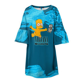 Детское платье 3D с принтом Nirvana & Simpson в Санкт-Петербурге, 100% полиэстер | прямой силуэт, чуть расширенный к низу. Круглая горловина, на рукавах — воланы | cobain | curt | nirvana | rock | группа | кобейн | курт | нирвана | рок
