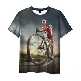 Мужская футболка 3D с принтом Велогонщик в Санкт-Петербурге, 100% полиэфир | прямой крой, круглый вырез горловины, длина до линии бедер | extreme | вело | велосипед | шоссейный велосипед | экстрим