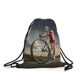 Рюкзак-мешок 3D с принтом Велогонщик в Санкт-Петербурге, 100% полиэстер | плотность ткани — 200 г/м2, размер — 35 х 45 см; лямки — толстые шнурки, застежка на шнуровке, без карманов и подкладки | extreme | вело | велосипед | шоссейный велосипед | экстрим