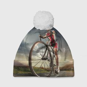 Шапка 3D c помпоном с принтом Велогонщик в Санкт-Петербурге, 100% полиэстер | универсальный размер, печать по всей поверхности изделия | extreme | вело | велосипед | шоссейный велосипед | экстрим