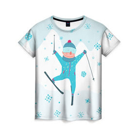 Женская футболка 3D с принтом Лыжник в Санкт-Петербурге, 100% полиэфир ( синтетическое хлопкоподобное полотно) | прямой крой, круглый вырез горловины, длина до линии бедер | extreme | ski | skiing | горнолыжное | горные лыжи | лыжник | фристайл | экстрим