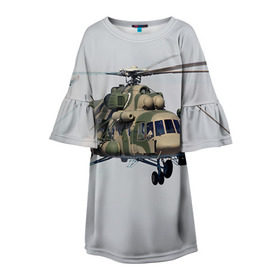 Детское платье 3D с принтом МИ 8 в Санкт-Петербурге, 100% полиэстер | прямой силуэт, чуть расширенный к низу. Круглая горловина, на рукавах — воланы | Тематика изображения на принте: авиация | армия | ввс | вертолет | военная техника | ми 8 | ударный