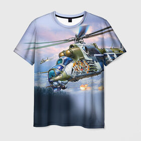 Мужская футболка 3D с принтом МИ 24 в Санкт-Петербурге, 100% полиэфир | прямой крой, круглый вырез горловины, длина до линии бедер | Тематика изображения на принте: авиация | армия | боевой | ввс | вертолет | военная техника | крокодил | ми 24 | ударный