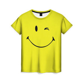 Женская футболка 3D с принтом Смайл в Санкт-Петербурге, 100% полиэфир ( синтетическое хлопкоподобное полотно) | прямой крой, круглый вырез горловины, длина до линии бедер | emoji | smile | жёлтый | смайл | смайлик | улыбка | эмодзи | эмоции