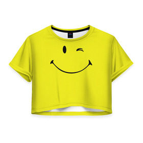 Женская футболка 3D укороченная с принтом Смайл в Санкт-Петербурге, 100% полиэстер | круглая горловина, длина футболки до линии талии, рукава с отворотами | emoji | smile | жёлтый | смайл | смайлик | улыбка | эмодзи | эмоции