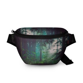 Поясная сумка 3D с принтом Таинственный лес в Санкт-Петербурге, 100% полиэстер | плотная ткань, ремень с регулируемой длиной, внутри несколько карманов для мелочей, основное отделение и карман с обратной стороны сумки застегиваются на молнию | деревья | зелень | на макете изображен таинственный зеленый леслес
