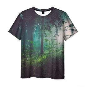 Мужская футболка 3D с принтом Таинственный лес в Санкт-Петербурге, 100% полиэфир | прямой крой, круглый вырез горловины, длина до линии бедер | Тематика изображения на принте: деревья | зелень | на макете изображен таинственный зеленый леслес