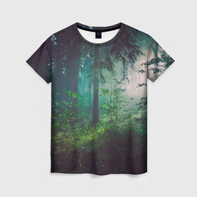 Женская футболка 3D с принтом Таинственный лес в Санкт-Петербурге, 100% полиэфир ( синтетическое хлопкоподобное полотно) | прямой крой, круглый вырез горловины, длина до линии бедер | деревья | зелень | на макете изображен таинственный зеленый леслес