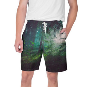 Мужские шорты 3D с принтом Таинственный лес в Санкт-Петербурге,  полиэстер 100% | прямой крой, два кармана без застежек по бокам. Мягкая трикотажная резинка на поясе, внутри которой широкие завязки. Длина чуть выше колен | деревья | зелень | на макете изображен таинственный зеленый леслес