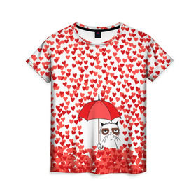 Женская футболка 3D с принтом Сердцепад в Санкт-Петербурге, 100% полиэфир ( синтетическое хлопкоподобное полотно) | прямой крой, круглый вырез горловины, длина до линии бедер | зонтик | кот | сердитый | сердца | сердцепад