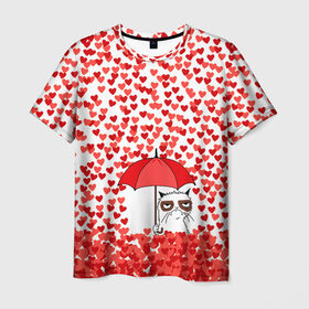 Мужская футболка 3D с принтом Сердцепад в Санкт-Петербурге, 100% полиэфир | прямой крой, круглый вырез горловины, длина до линии бедер | зонтик | кот | сердитый | сердца | сердцепад