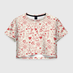 Женская футболка 3D укороченная с принтом Любовь в Санкт-Петербурге, 100% полиэстер | круглая горловина, длина футболки до линии талии, рукава с отворотами | Тематика изображения на принте: love | игрушки | любовь | мишка | ромашки | сердце | цветы | шарики