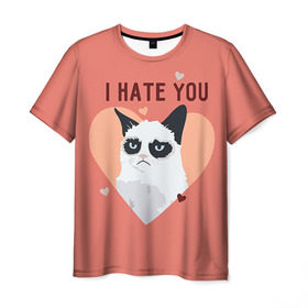 Мужская футболка 3D с принтом I hate you в Санкт-Петербурге, 100% полиэфир | прямой крой, круглый вырез горловины, длина до линии бедер | 14 февраля | cat | i hate you | день святого валентина | кот | ненавижу 14 февраля | сердечки
