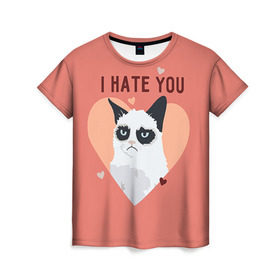 Женская футболка 3D с принтом I hate you в Санкт-Петербурге, 100% полиэфир ( синтетическое хлопкоподобное полотно) | прямой крой, круглый вырез горловины, длина до линии бедер | 14 февраля | cat | i hate you | день святого валентина | кот | ненавижу 14 февраля | сердечки