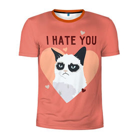 Мужская футболка 3D спортивная с принтом I hate you в Санкт-Петербурге, 100% полиэстер с улучшенными характеристиками | приталенный силуэт, круглая горловина, широкие плечи, сужается к линии бедра | 14 февраля | cat | i hate you | день святого валентина | кот | ненавижу 14 февраля | сердечки