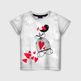 Детская футболка 3D с принтом Птица на клетке в Санкт-Петербурге, 100% гипоаллергенный полиэфир | прямой крой, круглый вырез горловины, длина до линии бедер, чуть спущенное плечо, ткань немного тянется | любовь | птица на клетке | сердца