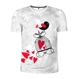 Мужская футболка 3D спортивная с принтом Птица на клетке в Санкт-Петербурге, 100% полиэстер с улучшенными характеристиками | приталенный силуэт, круглая горловина, широкие плечи, сужается к линии бедра | любовь | птица на клетке | сердца
