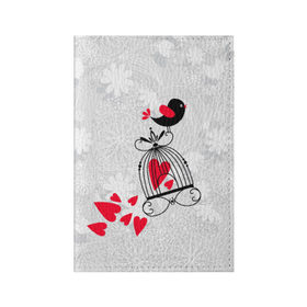 Обложка для паспорта матовая кожа с принтом Птица на клетке в Санкт-Петербурге, натуральная матовая кожа | размер 19,3 х 13,7 см; прозрачные пластиковые крепления | любовь | птица на клетке | сердца