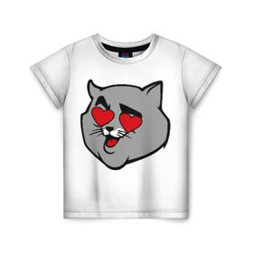 Детская футболка 3D с принтом Влюбленный кот в Санкт-Петербурге, 100% гипоаллергенный полиэфир | прямой крой, круглый вырез горловины, длина до линии бедер, чуть спущенное плечо, ткань немного тянется | 14 февраля | валентин | кот | любовь | март