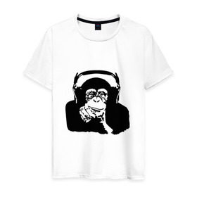 Мужская футболка хлопок с принтом Обезьяна в наушниках в Санкт-Петербурге, 100% хлопок | прямой крой, круглый вырез горловины, длина до линии бедер, слегка спущенное плечо. | 2016 | наушники | обезьяна | символ | шимпанзе