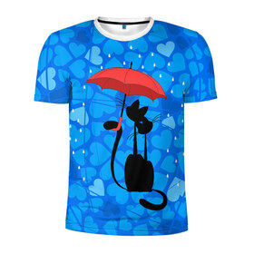 Мужская футболка 3D спортивная с принтом Под зонтом в Санкт-Петербурге, 100% полиэстер с улучшенными характеристиками | приталенный силуэт, круглая горловина, широкие плечи, сужается к линии бедра | дождь | кот | кошка | любовь | под зонтом | сердца