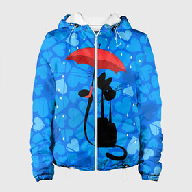 Женская куртка 3D с принтом Под зонтом в Санкт-Петербурге, ткань верха — 100% полиэстер, подклад — флис | прямой крой, подол и капюшон оформлены резинкой с фиксаторами, два кармана без застежек по бокам, один большой потайной карман на груди. Карман на груди застегивается на липучку | дождь | кот | кошка | любовь | под зонтом | сердца