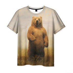 Мужская футболка 3D с принтом Медведь в поле в Санкт-Петербурге, 100% полиэфир | прямой крой, круглый вырез горловины, длина до линии бедер | Тематика изображения на принте: bear | медведь | одуванчики | русский медведь в чистом русском поле мечта патриотаполе | сено