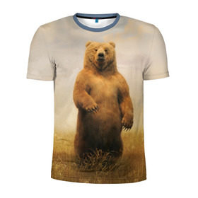Мужская футболка 3D спортивная с принтом Медведь в поле в Санкт-Петербурге, 100% полиэстер с улучшенными характеристиками | приталенный силуэт, круглая горловина, широкие плечи, сужается к линии бедра | bear | медведь | одуванчики | русский медведь в чистом русском поле мечта патриотаполе | сено