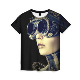 Женская футболка 3D с принтом Девушка steampunk в Санкт-Петербурге, 100% полиэфир ( синтетическое хлопкоподобное полотно) | прямой крой, круглый вырез горловины, длина до линии бедер | девушка steampunk | киберпанк | кожа | очки | шляпа