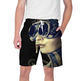 Мужские шорты 3D с принтом Девушка steampunk в Санкт-Петербурге,  полиэстер 100% | прямой крой, два кармана без застежек по бокам. Мягкая трикотажная резинка на поясе, внутри которой широкие завязки. Длина чуть выше колен | Тематика изображения на принте: девушка steampunk | киберпанк | кожа | очки | шляпа
