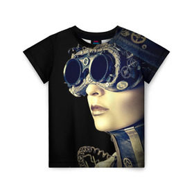 Детская футболка 3D с принтом Девушка steampunk в Санкт-Петербурге, 100% гипоаллергенный полиэфир | прямой крой, круглый вырез горловины, длина до линии бедер, чуть спущенное плечо, ткань немного тянется | девушка steampunk | киберпанк | кожа | очки | шляпа