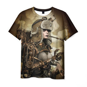 Мужская футболка 3D с принтом Девушка steampunk в Санкт-Петербурге, 100% полиэфир | прямой крой, круглый вырез горловины, длина до линии бедер | девушка steampunk | киберпанк | очки | шапка