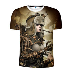 Мужская футболка 3D спортивная с принтом Девушка steampunk в Санкт-Петербурге, 100% полиэстер с улучшенными характеристиками | приталенный силуэт, круглая горловина, широкие плечи, сужается к линии бедра | девушка steampunk | киберпанк | очки | шапка