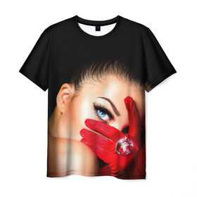 Мужская футболка 3D с принтом Девушка с бриллиантом в Санкт-Петербурге, 100% полиэфир | прямой крой, круглый вырез горловины, длина до линии бедер | взгляд | девушка с бриллиантом | красная | перчатка