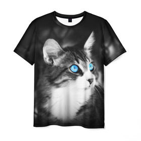 Мужская футболка 3D с принтом Кот в Санкт-Петербурге, 100% полиэфир | прямой крой, круглый вырез горловины, длина до линии бедер | взгляд | глаза | голубые | кот