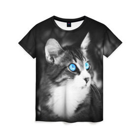 Женская футболка 3D с принтом Кот в Санкт-Петербурге, 100% полиэфир ( синтетическое хлопкоподобное полотно) | прямой крой, круглый вырез горловины, длина до линии бедер | взгляд | глаза | голубые | кот