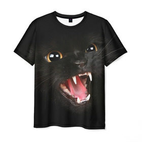 Мужская футболка 3D с принтом Черный кот в Санкт-Петербурге, 100% полиэфир | прямой крой, круглый вырез горловины, длина до линии бедер | глаза | клыки | хищник | черный кон