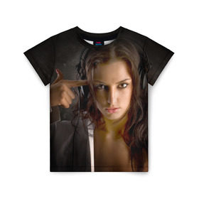 Детская футболка 3D с принтом Девушка в наушниках в Санкт-Петербурге, 100% гипоаллергенный полиэфир | прямой крой, круглый вырез горловины, длина до линии бедер, чуть спущенное плечо, ткань немного тянется | брюнетка | девушка в наушниках | красивая | модель