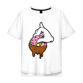 Мужская футболка хлопок Oversize с принтом Пончик и рука в Санкт-Петербурге, 100% хлопок | свободный крой, круглый ворот, “спинка” длиннее передней части | 