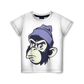 Детская футболка 3D с принтом Обезьяна в шапке в Санкт-Петербурге, 100% гипоаллергенный полиэфир | прямой крой, круглый вырез горловины, длина до линии бедер, чуть спущенное плечо, ткань немного тянется | Тематика изображения на принте: мода | обезьяна | хипстер | шапка