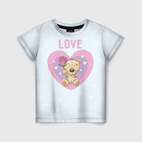 Детская футболка 3D с принтом Мишка love в Санкт-Петербурге, 100% гипоаллергенный полиэфир | прямой крой, круглый вырез горловины, длина до линии бедер, чуть спущенное плечо, ткань немного тянется | 14 февраля | love | влюбленный | день святого валентина | любовь | милый | мишка | романтика | сердце