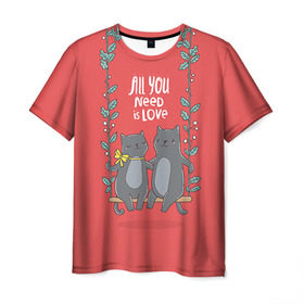 Мужская футболка 3D с принтом Кисули Love в Санкт-Петербурге, 100% полиэфир | прямой крой, круглый вырез горловины, длина до линии бедер | 14 февраля | love | влюбленный | день святого валентина | котики | любовь | милый | романтика | сердце