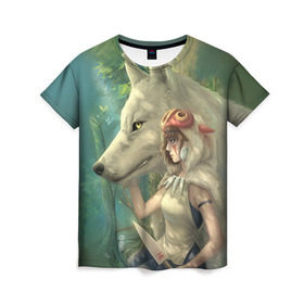 Женская футболка 3D с принтом Принцесса и волк в Санкт-Петербурге, 100% полиэфир ( синтетическое хлопкоподобное полотно) | прямой крой, круглый вырез горловины, длина до линии бедер | волк | классика | лес | мононоке | фэнтези | хидео | хит